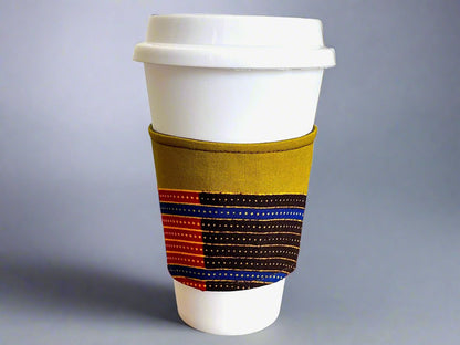 Ethnic, Fabric, Patterned, Handmade Green, Brown, Yellow and Red Cup Sleeve