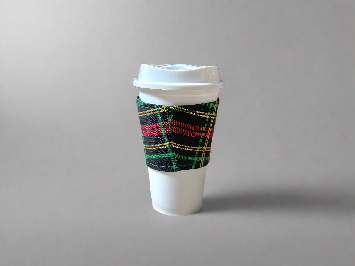 Ethnic, Fabric, Patterned, Handmade Black, Red, Green, and Gold Cup Sleeve