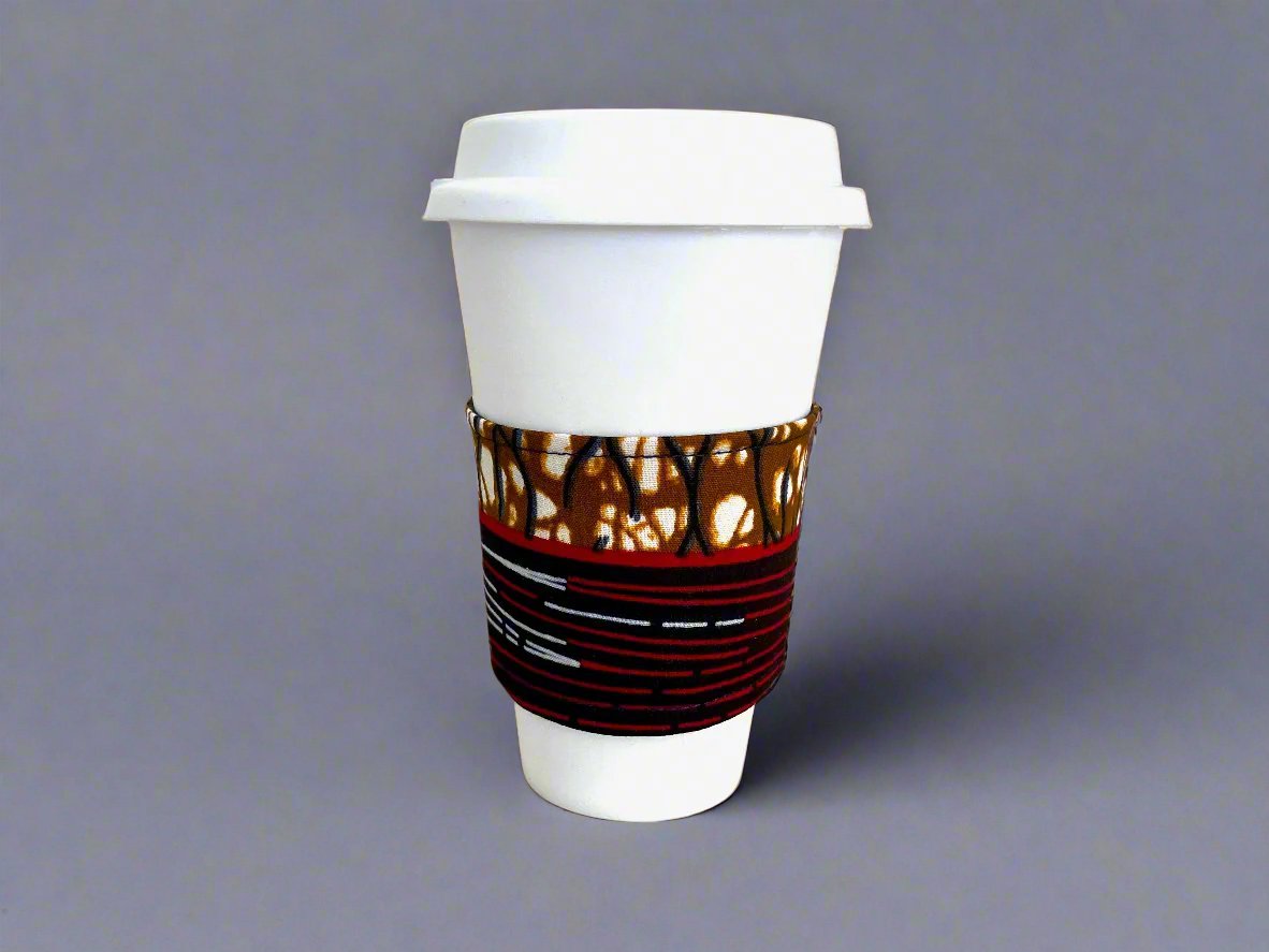 Handmade Cup Sleeve: Ethnic fabric design in brown, dark blue, maroon, and beige. This stylish and patterned cup sleeve adds a touch of cultural charm to your beverage.