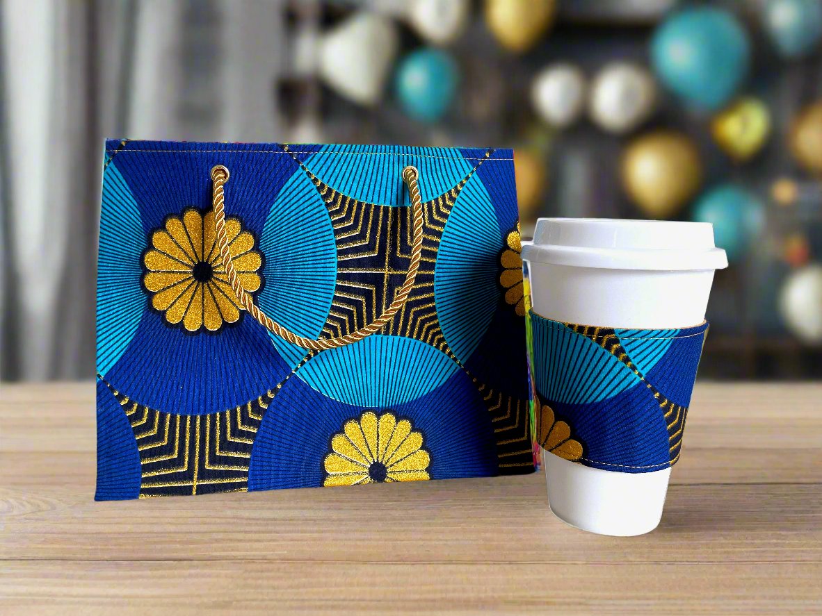 Handmade Cup Sleeve: Ethnic fabric design in blue, black, turquoise, and gold. This distinctive and vibrant cup sleeve adds a touch of cultural elegance to your drinkware.