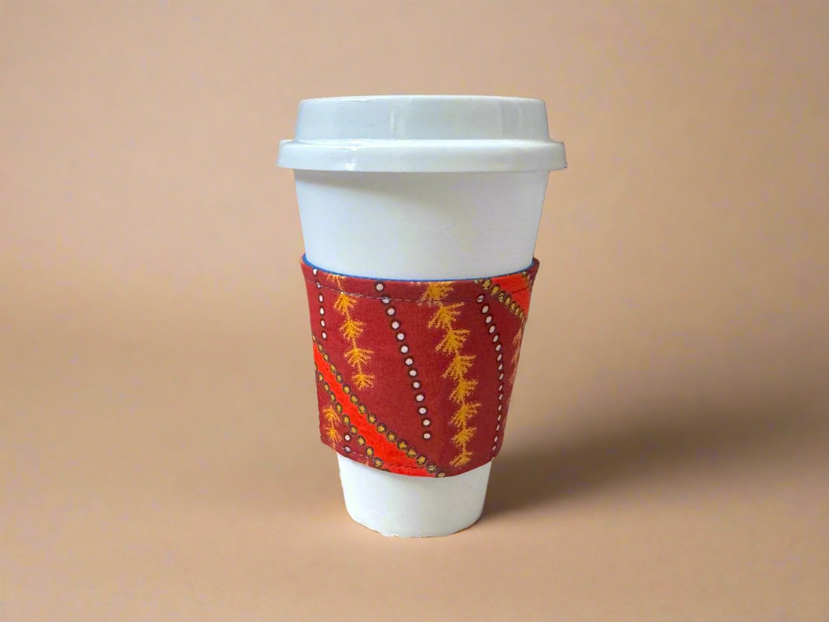 Ethnic, Fabric, Patterned, Handmade Maroon, Orange, Blue, and Gold Cup Sleeve