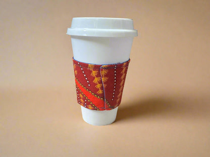 Ethnic, Fabric, Patterned, Handmade Maroon, Orange, Blue, and Gold Cup Sleeve