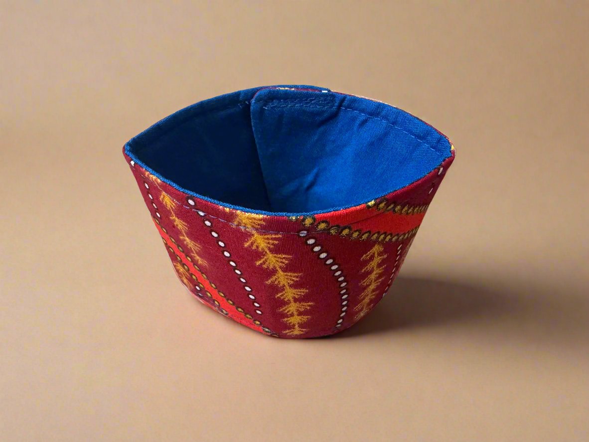 Ethnic, Fabric, Patterned, Handmade Maroon, Orange, Blue, and Gold Cup Sleeve