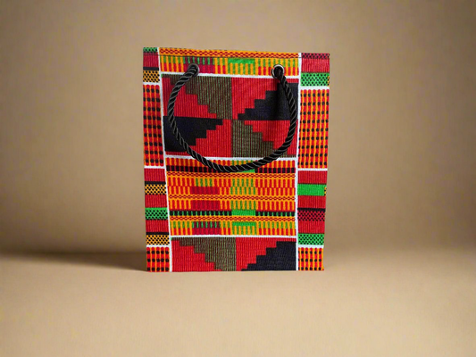 Ethnic, Fabric, Patterned, Handmade Orange, Black, Green, Red, and Yellow Gift Bag