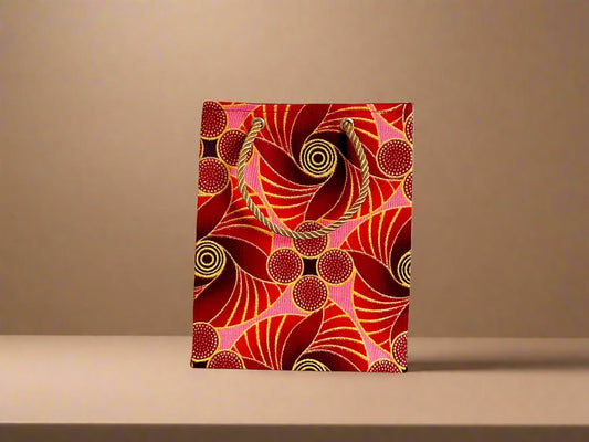 Ethnic, Fabric, Floral Patterned, Handmade Maroon, Red, Pink and Gold Gift Bag