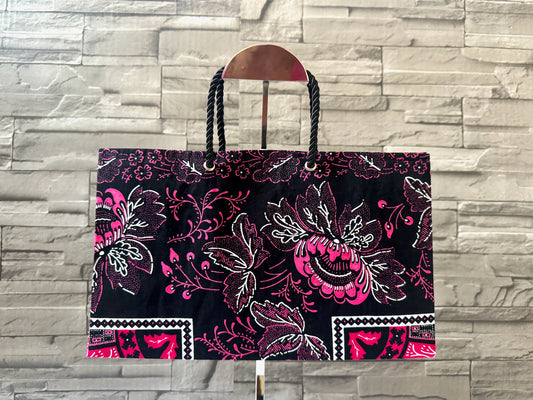 Ethnic, Fabric, Patterned, Handmade Black, Fuscia, and White Medium Horizontal Bag