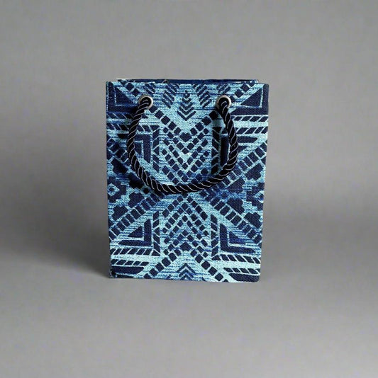 Handmade Mini Gift Tote Bag: Ethnic fabric design in Dark and Light Blue. This elegant and compact gift tote bag adds a touch of cultural sophistication, perfect for presenting small gifts.