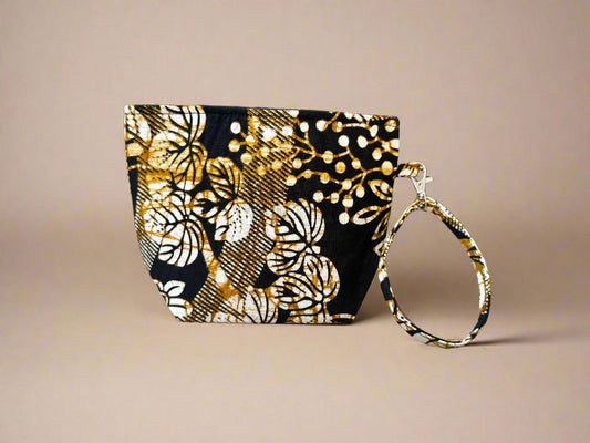 Ethnic, Fabric, Patterned, Handmade Black, Cream, and Gold Mini Tote