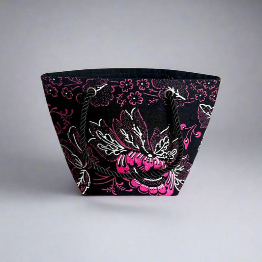 Handmade Mini Gift Tote Bag: Ethnic fabric design in black, pink, and white. This stylish and compact gift tote bag adds a touch of cultural elegance, perfect for presenting small gifts.