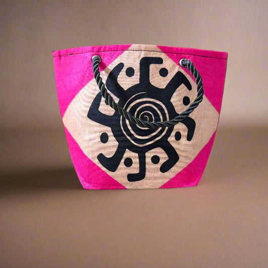 Handmade Mini Gift Tote Bag: Ethnic fabric design in black, beige, and pink. This stylish and compact gift tote bag adds a touch of cultural elegance, perfect for presenting small gifts.