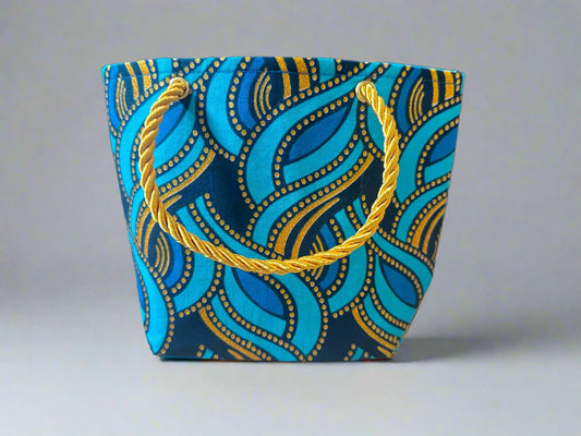 Ethnic, Fabric, Patterned, Handmade Turqoise, Blue and Gold Mini Tote