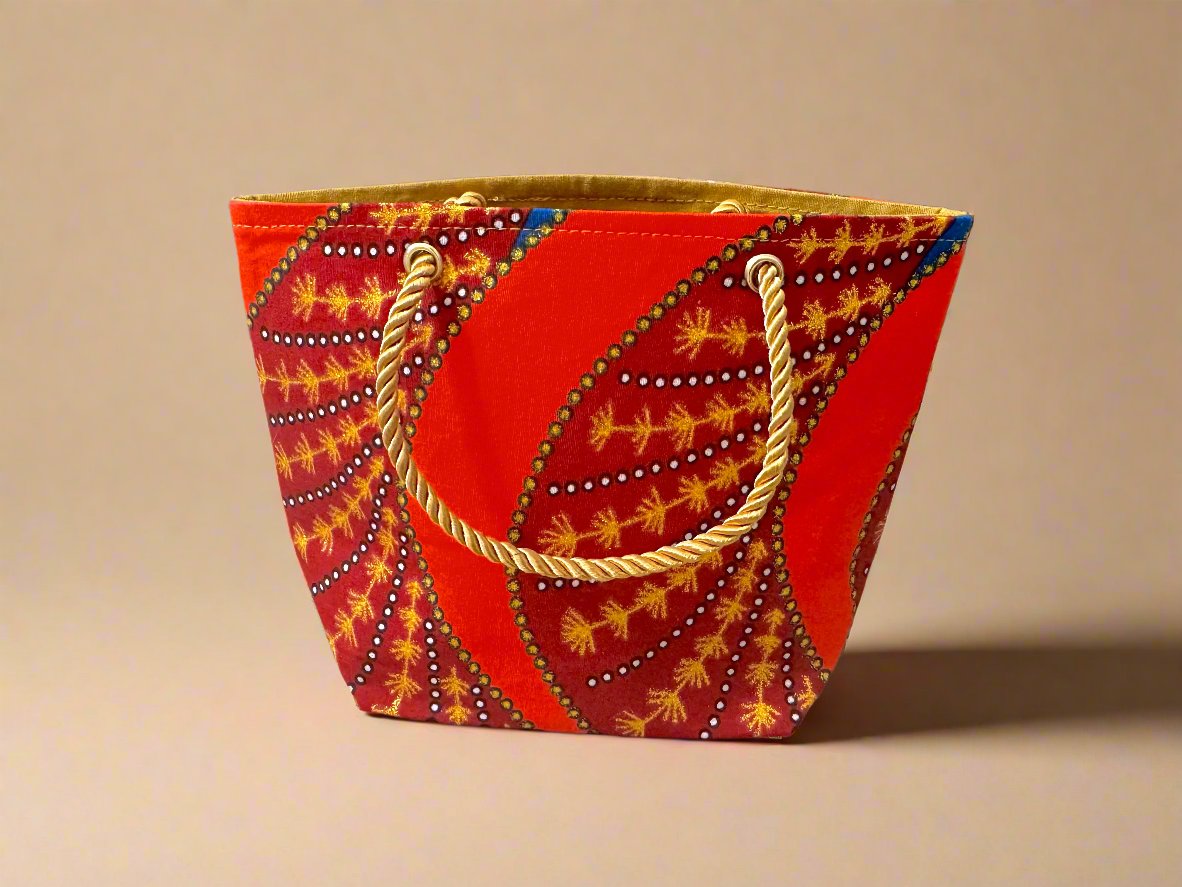 Ethnic, Fabric, Patterned, Handmade Orange, Maroon, Blue and Gold Mini Tote