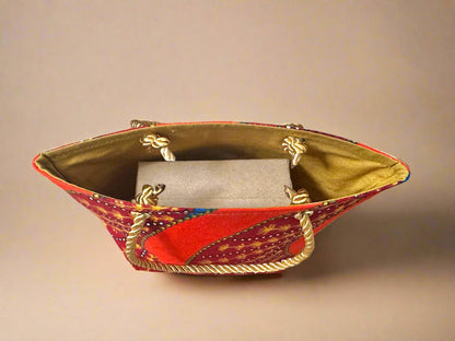 Ethnic, Fabric, Patterned, Handmade Orange, Maroon, Blue and Gold Mini Tote