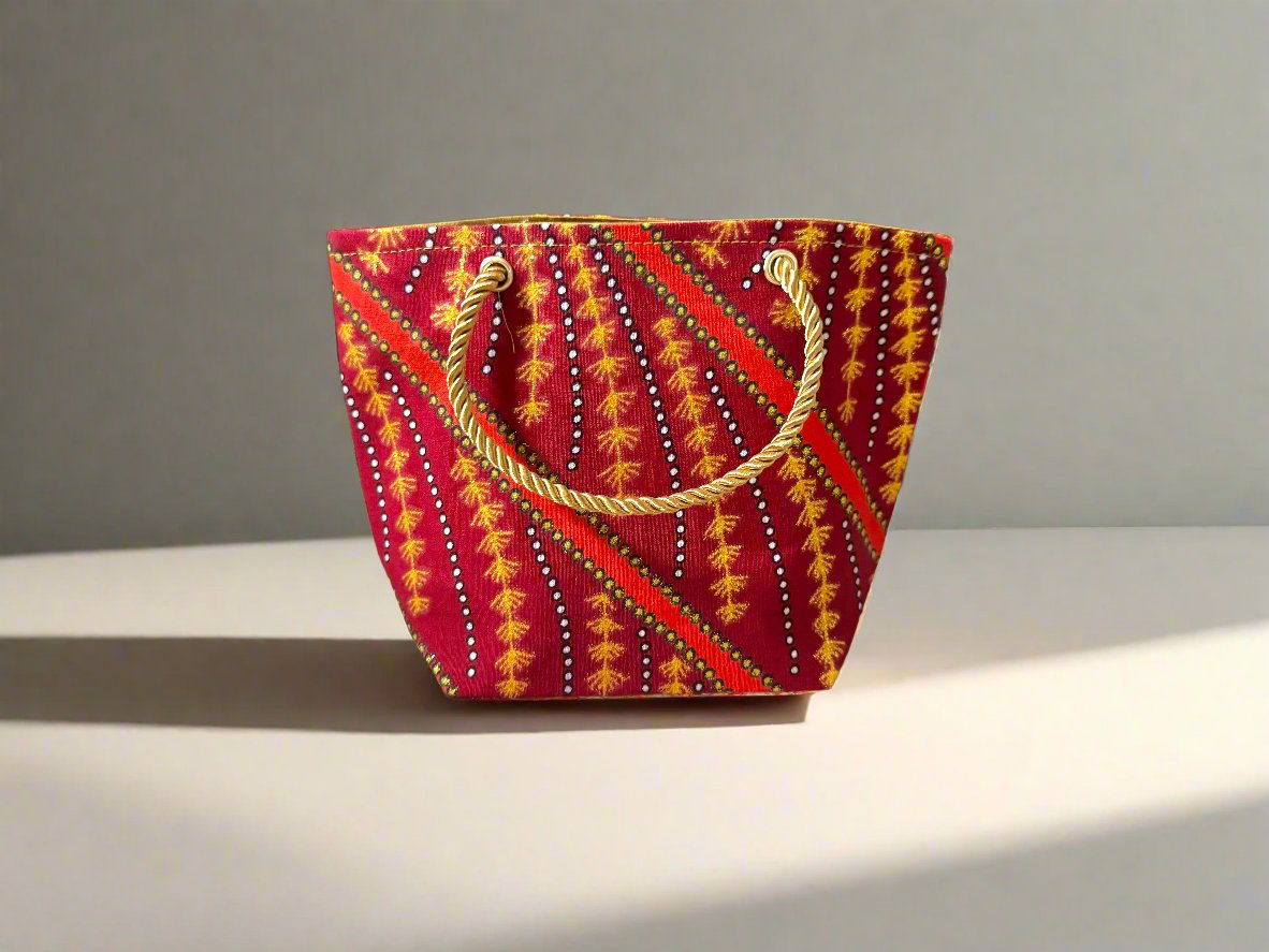 Ethnic, Fabric, Patterned, Handmade Orange, Maroon, Blue and Gold Mini Tote