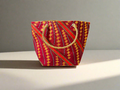 Ethnic, Fabric, Patterned, Handmade Orange, Maroon, Blue and Gold Mini Tote