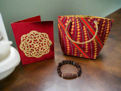 Ethnic, Fabric, Patterned, Handmade Orange, Maroon, Blue and Gold Mini Tote