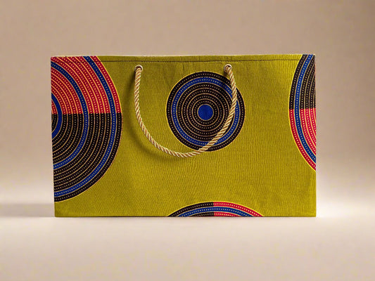 Ethnic, Fabric, Patterned, Handmade Green, Dark Brown, Yellow, Red, and Blue Medium Horizontal Bag