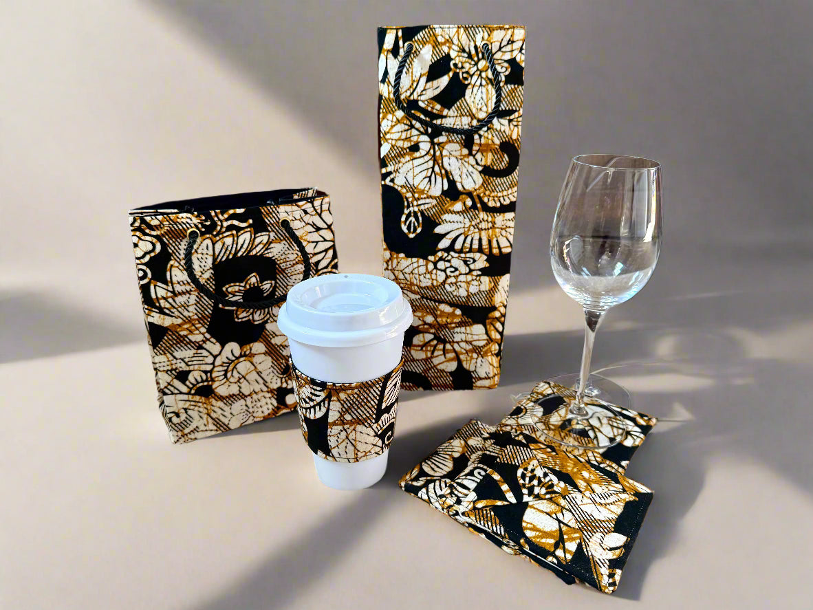 Ethnic, Fabric, Patterned, Handmade Cream, Black, and Gold Cup Sleeve