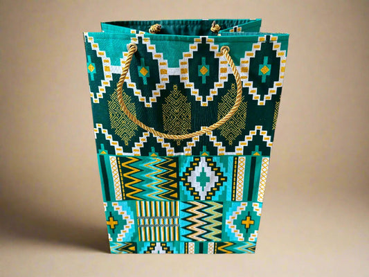 Ethnic, Fabric, Patterned, Handmade Dark Green, Green, White, and Gold Square Bags