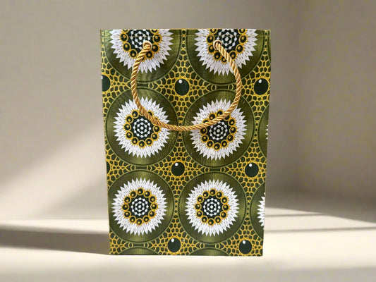 Ethnic, Fabric, Patterned, Handmade Dark Green, Green, White, and Gold Medium Bag