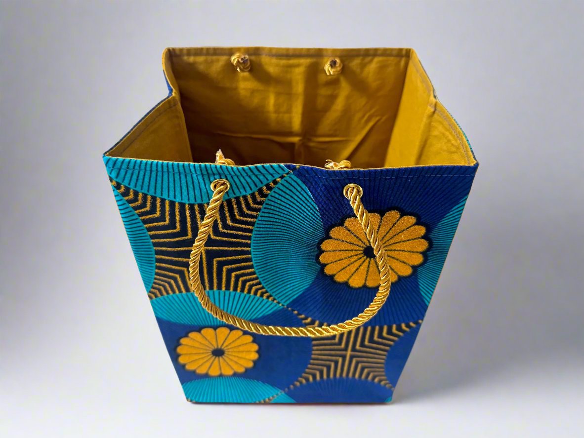 Ethnic, Fabric, Patterned, Handmade Blue, Black, and Gold Small Bag