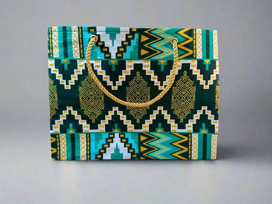 Ethnic, Fabric, Patterned, Handmade Dark Green, Green, White and Gold Small Wardrobe Bag