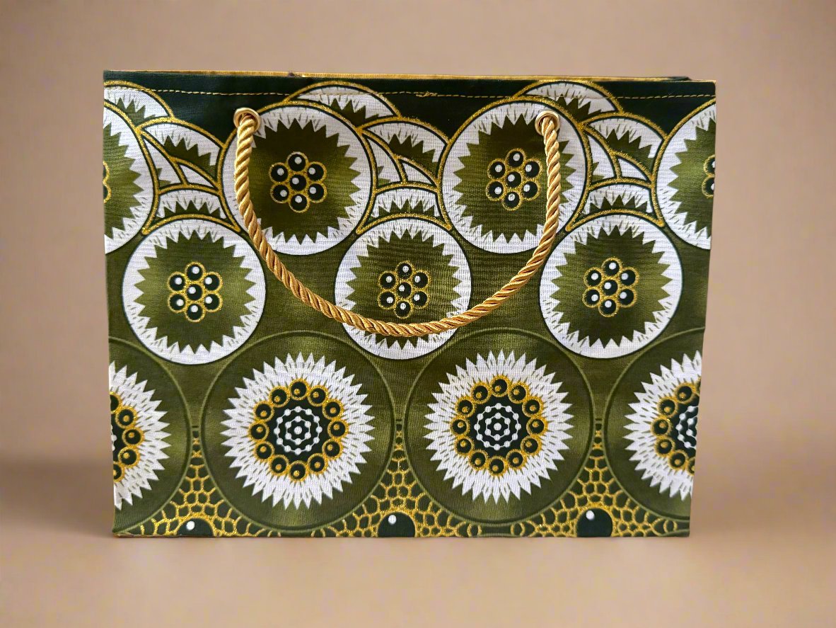 Ethnic, Fabric, Patterned, Handmade Green, Gold and White Small Wardrobe Bag