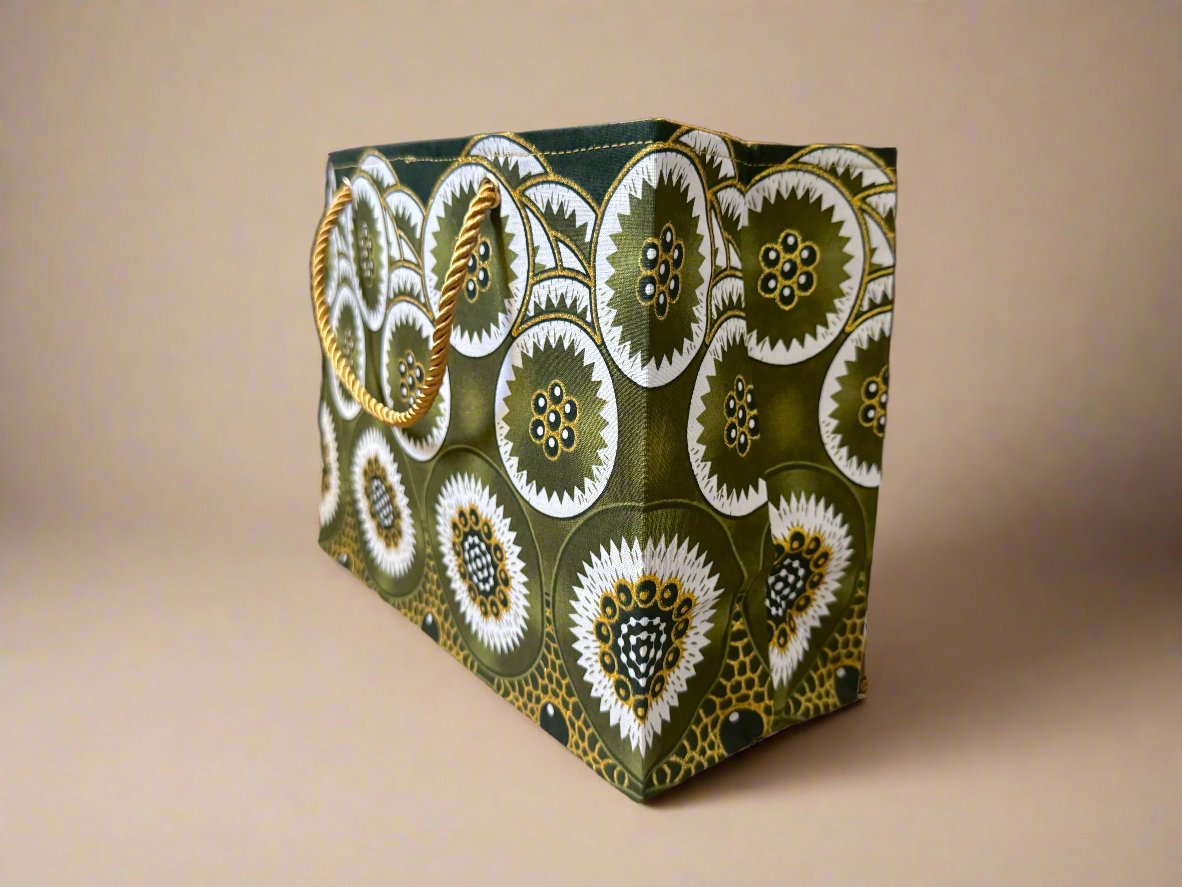 Ethnic, Fabric, Patterned, Handmade Green, Gold and White Small Wardrobe Bag