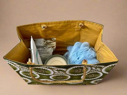 Ethnic, Fabric, Patterned, Handmade Green, Gold and White Small Wardrobe Bag