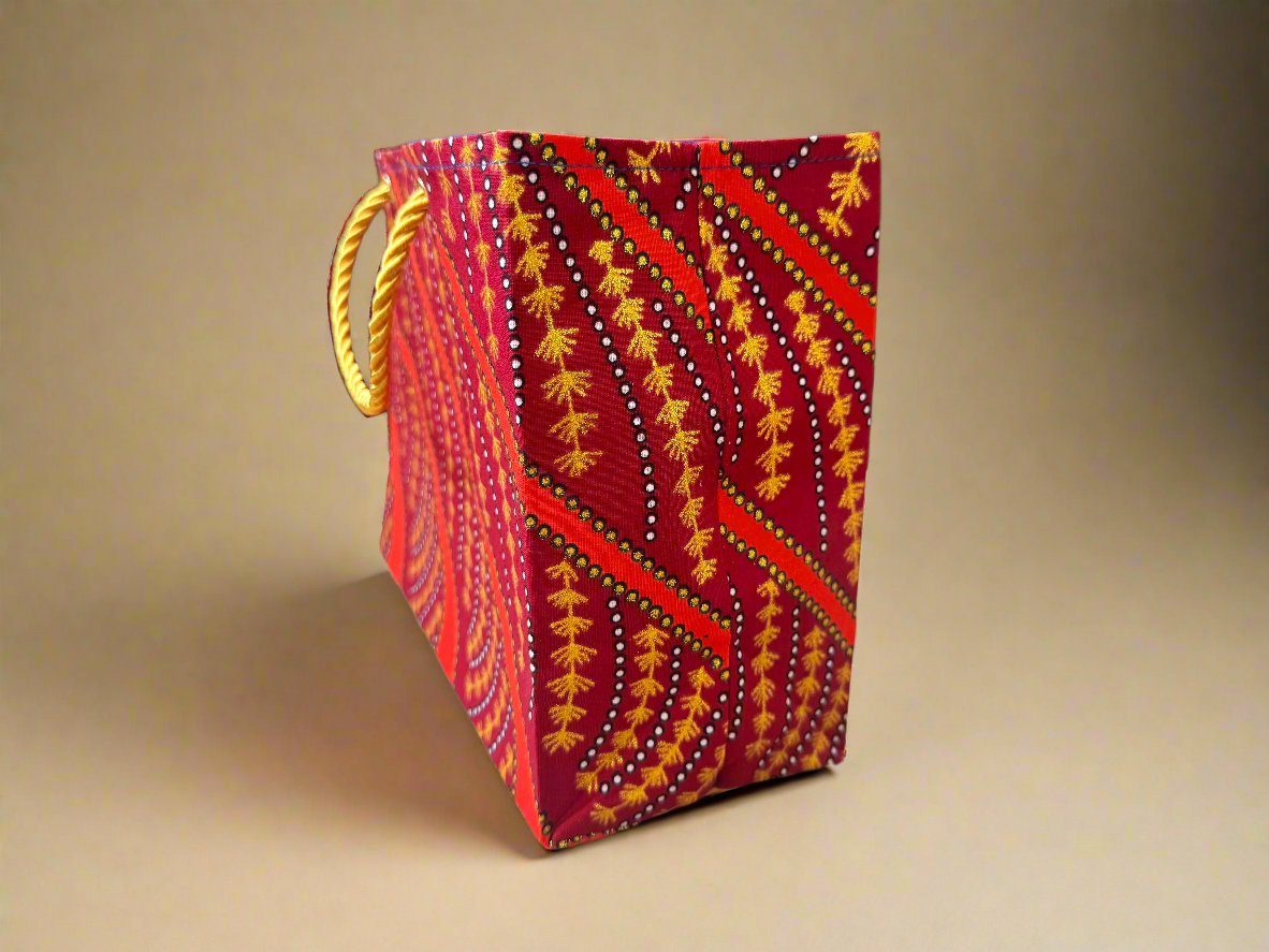 Ethnic, Fabric, Patterned, Handmade Maroon, Blue, Orange, and Gold Small Wardrobe Bag