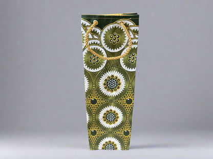 Ethnic, Fabric, Patterned Floral, Handmade Green, Cream, and Gold Wine Gift Bag