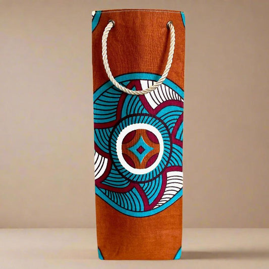 Ethnic, Fabric, Patterned, Handmade Bronze, Cream, Turquoise, and Maroon Wine Gift Bag