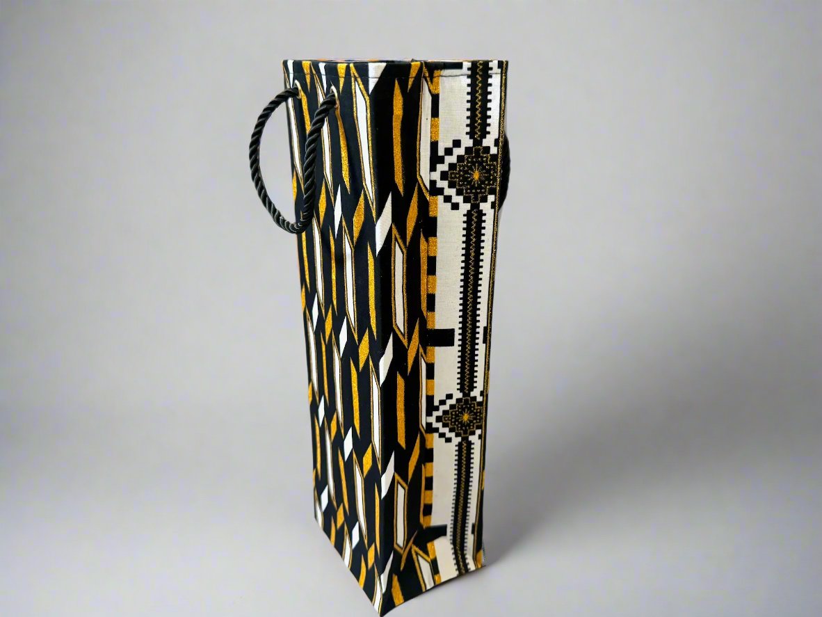 Ethnic, Fabric, Patterned, Handmade Black, White and Gold Wine Gift Bag