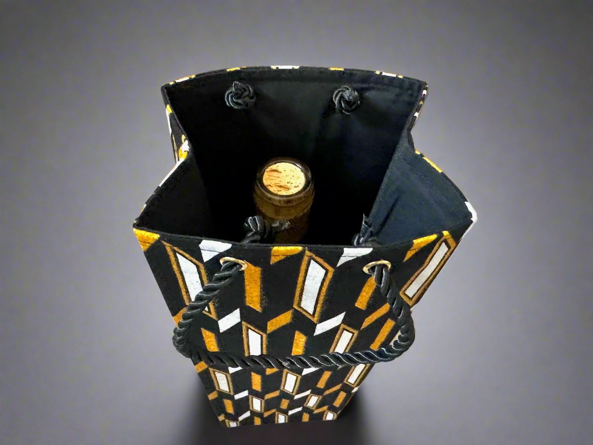 Ethnic, Fabric, Patterned, Handmade Black, White and Gold Wine Gift Bag