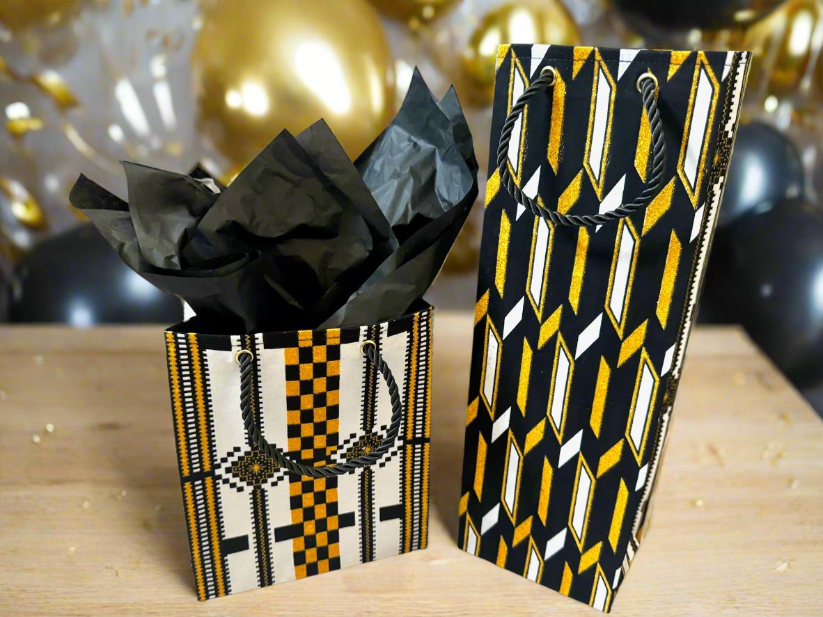 Ethnic, Fabric, Patterned, Handmade Black, White and Gold Wine Gift Bag