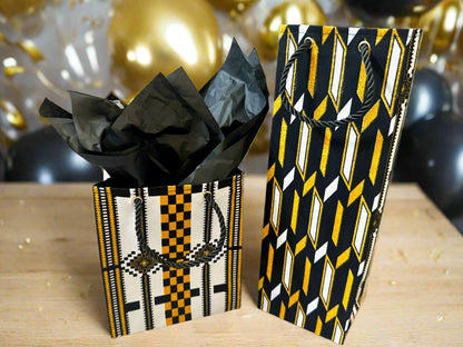 Ethnic, Fabric, Patterned, Handmade Black, White and Gold Wine Gift Bag