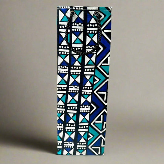 Ethnic, Fabric, Patterned, Handmade Black, Turquoise, Blue and White Wine Gift Bag