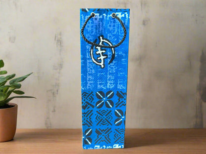 Ethnic, Fabric, Patterned, Handmade Blue, Black and White Wine Gift Bag