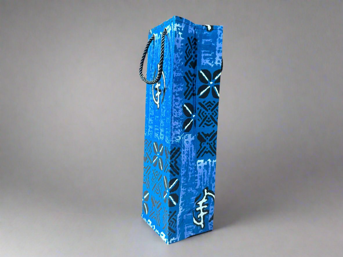 Ethnic, Fabric, Patterned, Handmade Blue, Black and White Wine Gift Bag