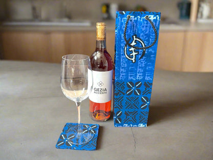 Ethnic, Fabric, Patterned, Handmade Blue, Black and White Wine Gift Bag