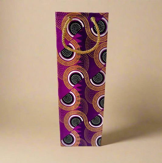 Ethnic, Fabric, Patterned, Handmade Purple, Black, White, and Gold Wine Gift Bag