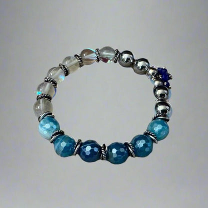 Blue Plated Agate & Silver Hematite Bracelet with Fire - Polished Charm – Handmade on Elastic Cord - Gezia Accents