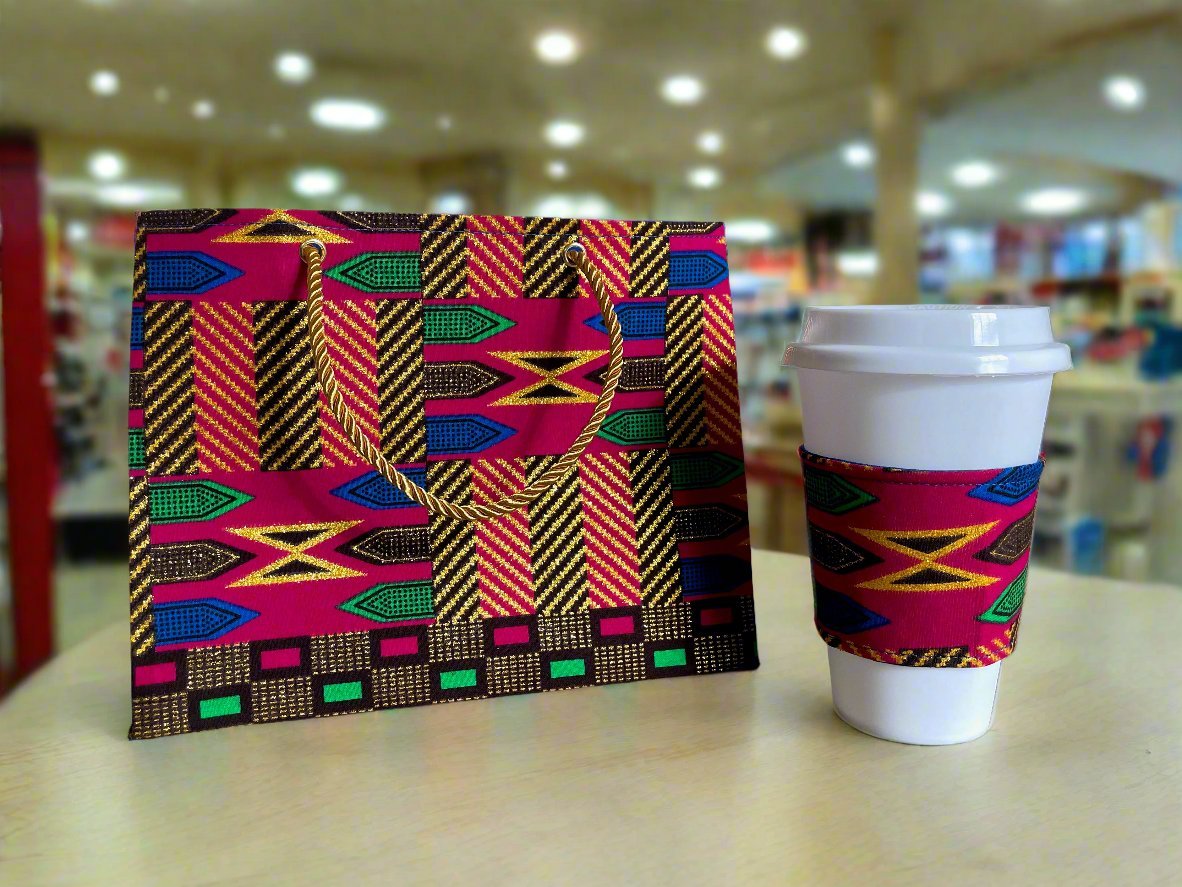 Ethnic, Fabric, Patterned, Handmade Berry, Blue, Green and Gold Cup Sleeve - Gezia Accents
