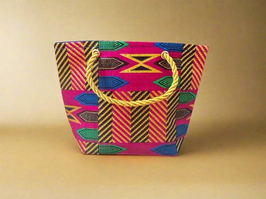 Ethnic, Fabric, Patterned, Handmade Berry, Blue, Green, Brown, and Gold Mini Tote - Gezia Accents