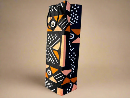 Ethnic, Fabric, Patterned, Handmade Black, Orange, and White Wine Gift Bag - Gezia Accents