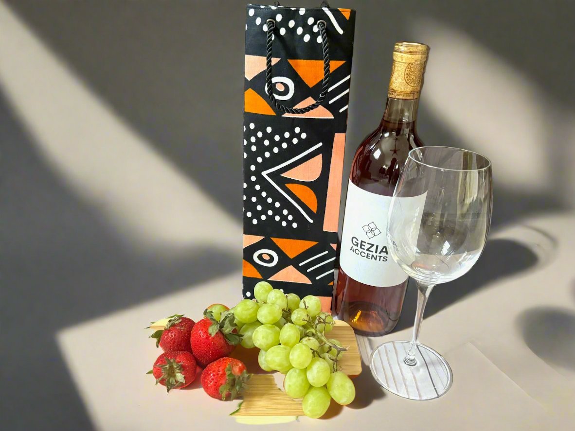 Ethnic, Fabric, Patterned, Handmade Black, Orange, and White Wine Gift Bag - Gezia Accents