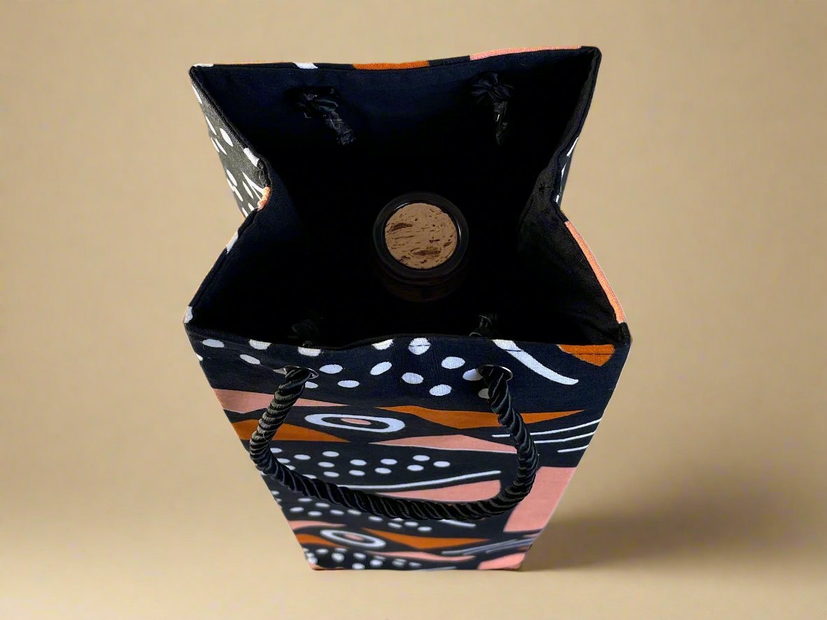 Ethnic, Fabric, Patterned, Handmade Black, Orange, and White Wine Gift Bag - Gezia Accents