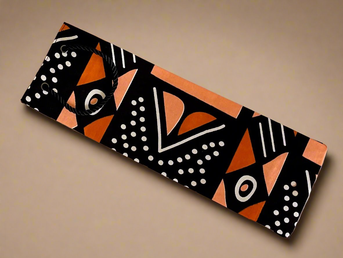 Ethnic, Fabric, Patterned, Handmade Black, Orange, and White Wine Gift Bag - Gezia Accents