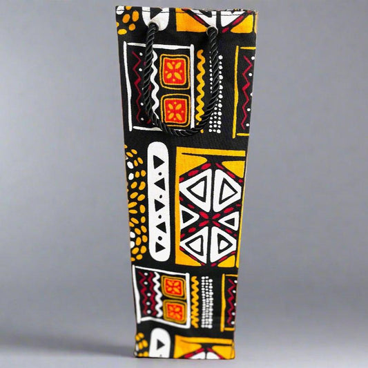 Ethnic, Fabric, Patterned, Handmade Black, Orange, Yellow and White Wine Gift Bag - Gezia Accents