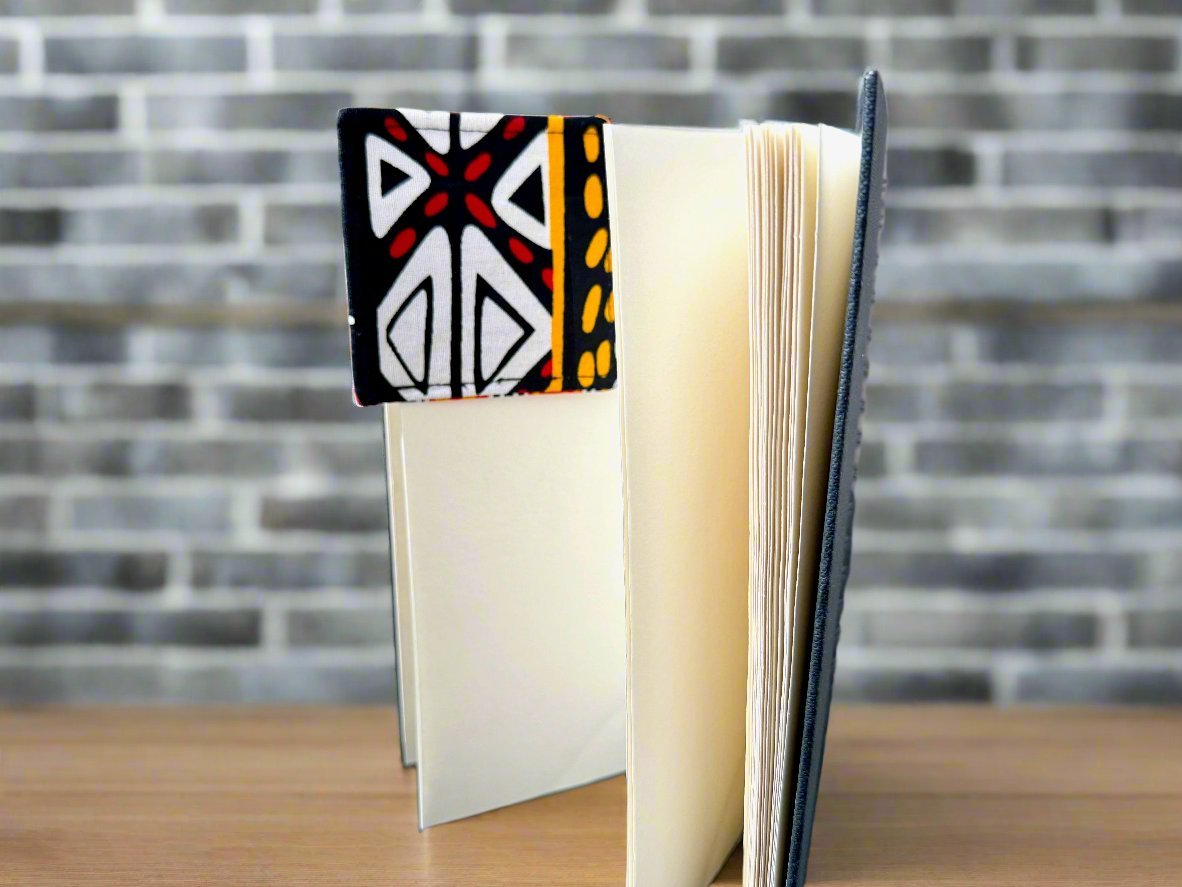 Ethnic, Fabric, Patterned, Handmade Black, Orange, Yellow, Red, and White Bookmark - Gezia Accents